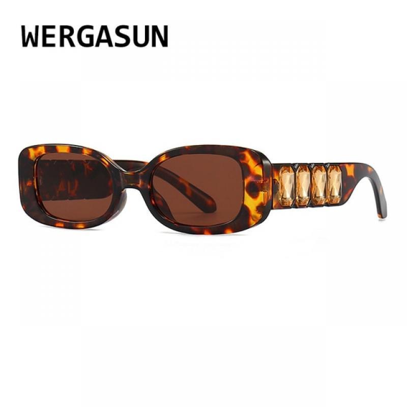 WERGASUN Green Rhinestones Sunglasses Female Leopard Black Fashion Square Sun glasses for Women UV400 Ladies Crystals Party