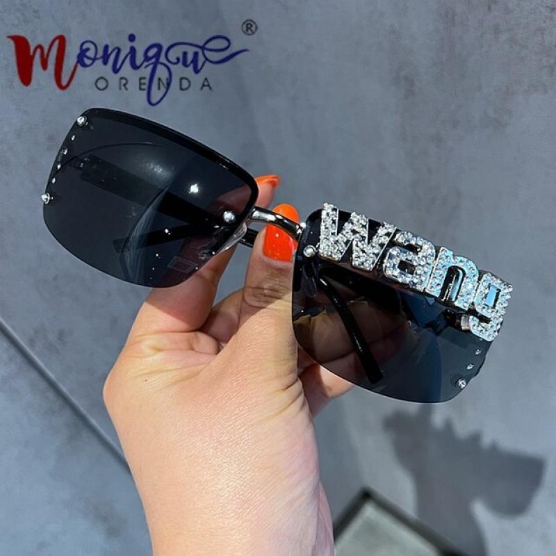 Luxury Punk One Piece Rimless Sunglasses Brand Designer Diamond WANG Sun Glasses y2k Silver Men Fashion Shades Eyewear