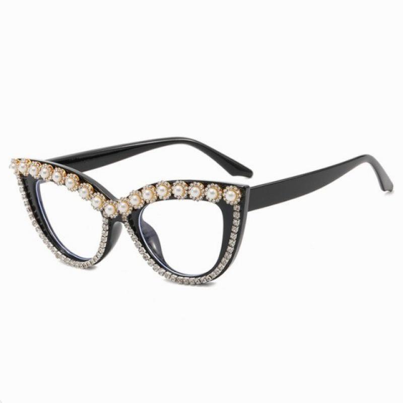 New Fashion Cat Eye With Diamond Anti Blue Light Glasses For Women Men Clear Lens Black Frame Retro Female Sunglasses Shades UV4