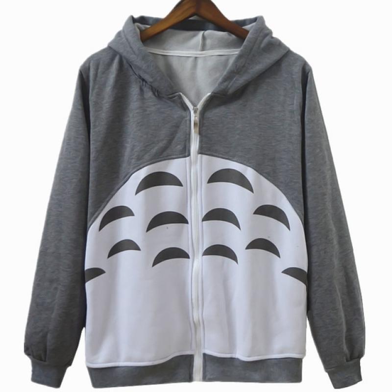 Cute Gray Totoro Cartoon Anime Cosplay Loose Zipper Hoodies Sweatshirt with Ears Harajuku Cotton Kawaii Hooded Thicken Overcoat