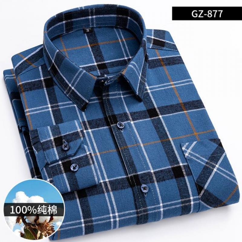 Men's Fashion 100% Cotton Thick Brushed Flannel Shirts Single Patch Pocket Long Sleeve Standard-fit Plaid Checkered Casual Shirt