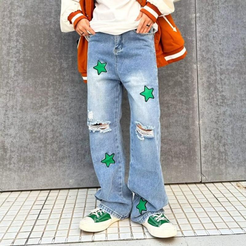 High street Bell-Bottoms ripped straight men jeans men and women American hip-hop retro loose wide-leg pants baggy jeans