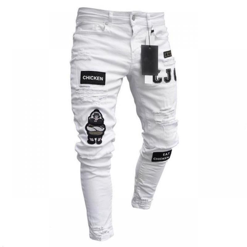 White Embroidery Skinny Ripped Jeans Men Cotton Stretchy Slim Fit Hip Hop Denim Pants Casual Jeans for Men Jogging Trousers