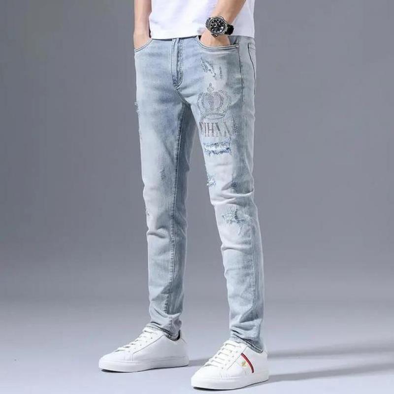 2023 spring and Summer New Men's Classic Fashion Solid Color Ripped Stretch Jeans Men's Casual Comfort High-Quality Trousers