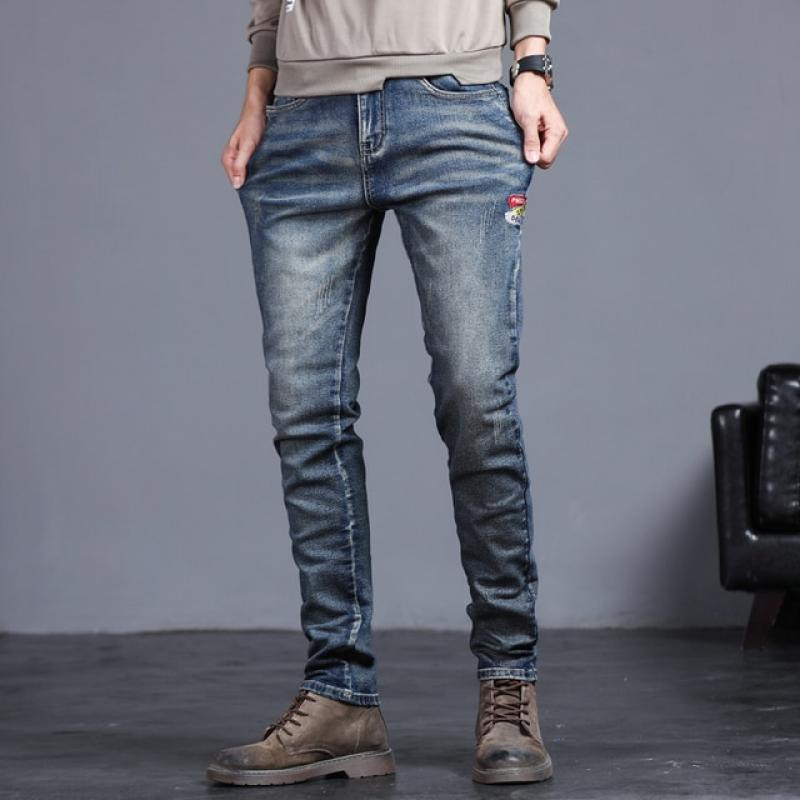 2023 New Spring Summer Men's Jeans Vintage Blue Solid Color Elastic Classic Jeans Men Slim Fashion Denim Trousers Male 27-38