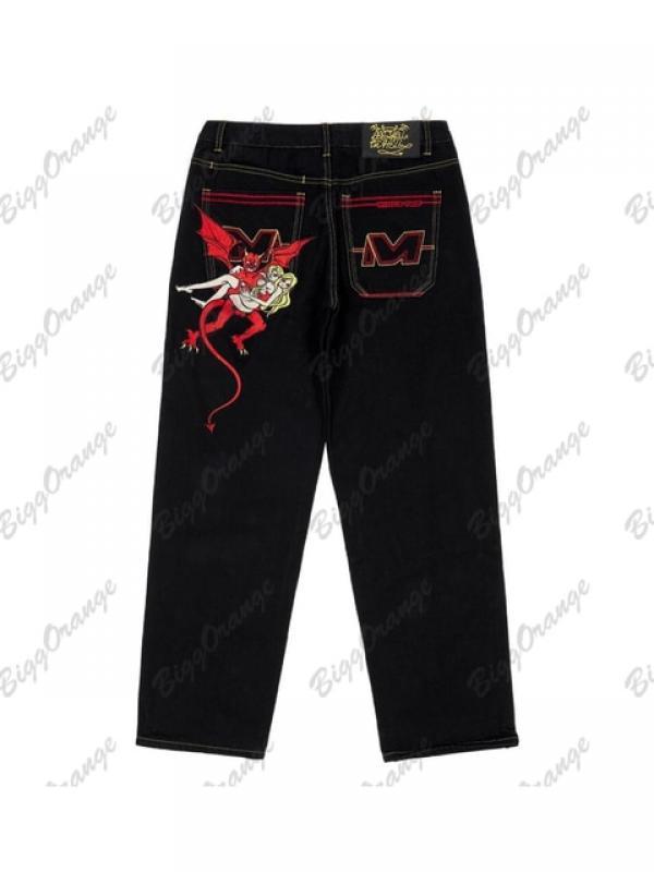 Y2k Devil Print Pants Streetwear Jeans Men and Women 2023 New Loose Fashion Street Hip Hop Punk Rock Wide Leg High Waist Trouser