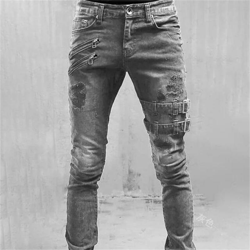 Cool Biker Style Slim Fit Jeans Men Casual Stretch Cotton Zipper Splicing Pocket Pencil Pants Male Hip Hop Daily Denim Trousers