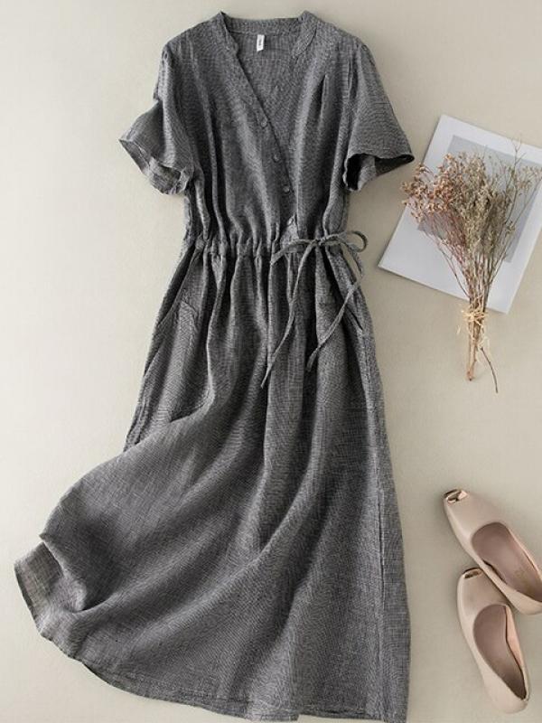 Literary Retro Cotton Linen Plaid Dresses for Women 2023 New V-Neck High Waist Drawstring Elegant Slim Check Dress Robe Femme