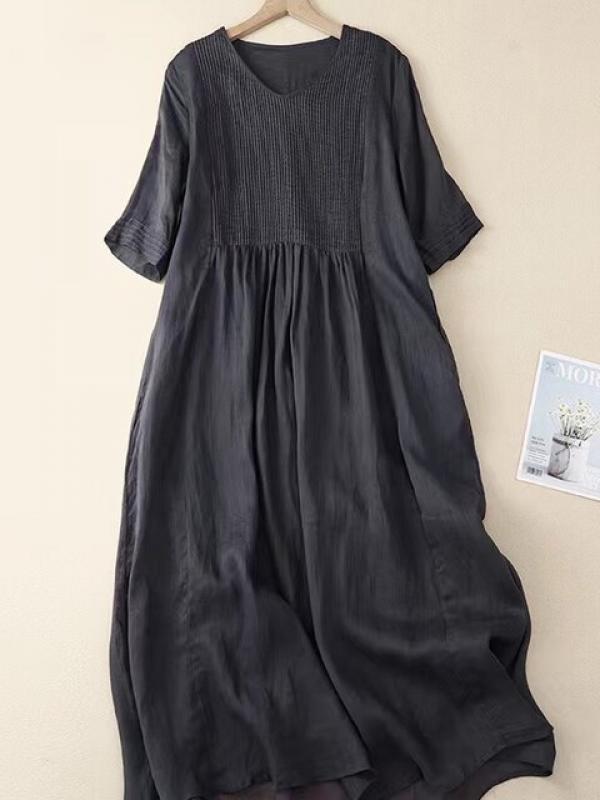 Cotton Linen Pleated Dress 2023 New Summer Vintage Casual Loose V Neck High Waist Beach Sundress Women Clothing Robe Femme