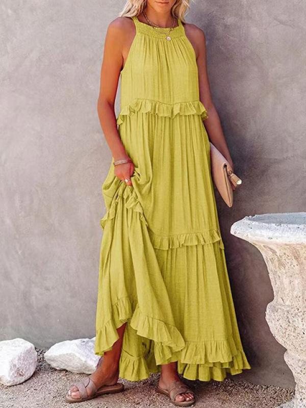 Women Ruffle Pullover Beach Dresses Summer Female Solid Long Dress Casual Ladies Elegant Oversize Hollow Tie-Up Party Dress