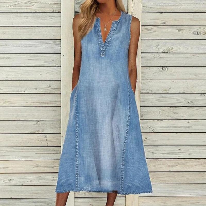 Loose Denim Dress Women Vintage Sleeveless Pockets Solid Color Summer Dress Midi Streetwear