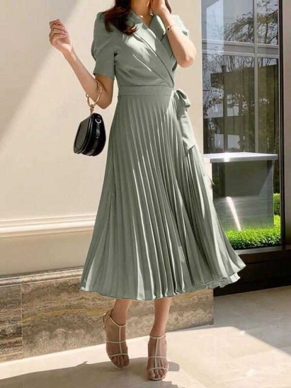 Elegant Fashion Vintage V Neck Slim Long Dress 2023 New High Waist Solid Pleated Dresses Temperament Slimming Women's dress