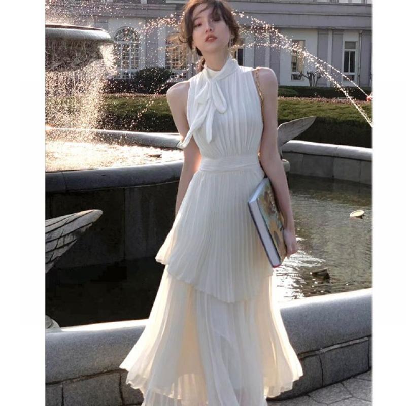 2023 Summer Elegant Sleeveless Women Dress Fashion Vintage Bowtie White Tierred A-Line Party Robe Female Chic Birthday Vestido