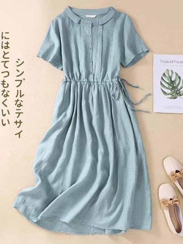 Cotton Linen Shirt Dress 2023 New Summer Peter Pan Collar Short Sleeve Drawstring Midi Dresses Casual Loose Slim Beach Sundress