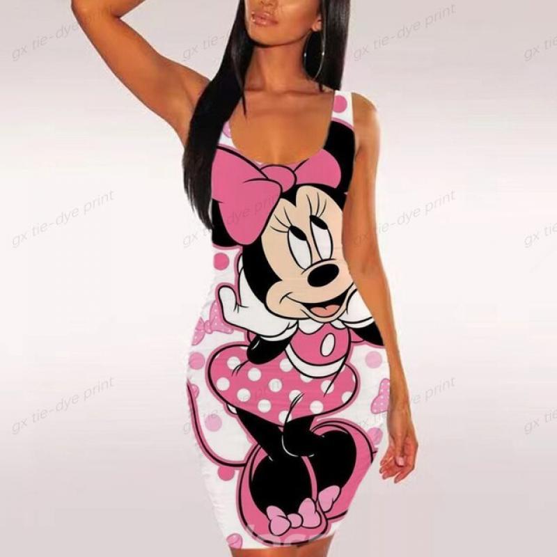 Summer Fashion Women Sexy Sleeveless Pencil Dress Slim Package Hip Night Club Party Vestidos Female Disney Minnie Print Dresses