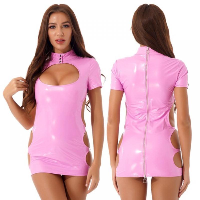 Womens Patent Leather Bare Breast Mini Dress Stand Collar Short Sleeve Back Zipper Wet-Look Stage Performance Costume Clubwear