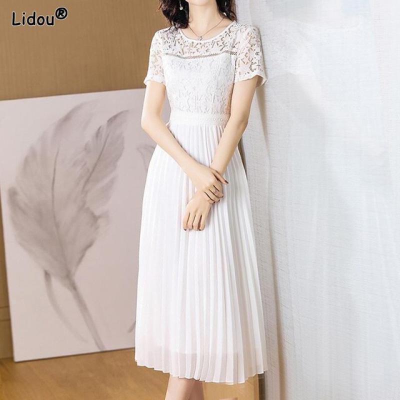 Dresses Solid Short Sleeve 2023 Women's Clothing Round Neck Skinny Temperament Fashion Casual Summer Thin Knee Skirts Hollow Out