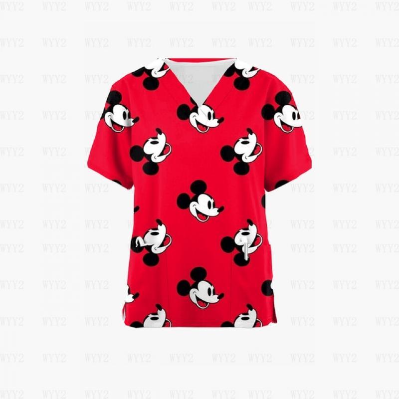 Summer Women Work Uniform Print Disney Mickey Mouse Short Sleeve V Neck Top Women Shirt Nurse Coverall Medical Uniform