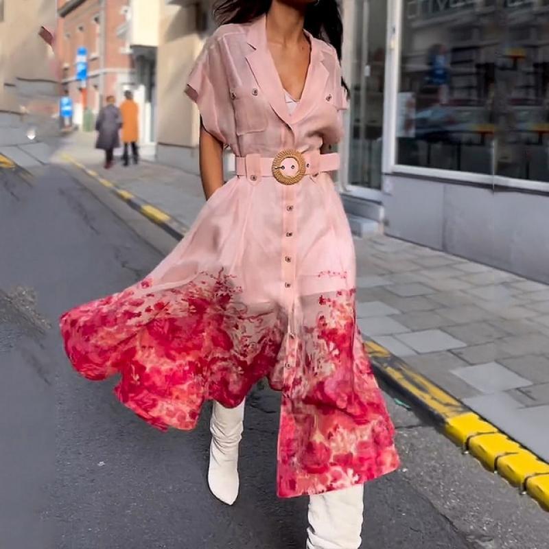 Ellafads Women Maxi Dresses Fashion Short Sleeve V Neck Lapel Floral Printed Single Breasted With Belt Dresses High Streetwear