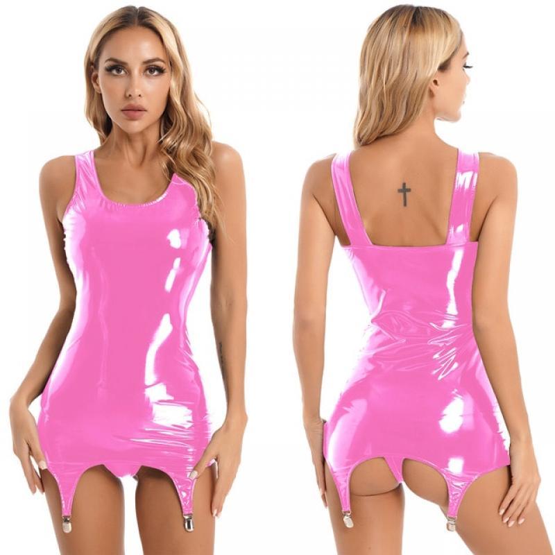 Sexy Womens Sleeveless Latex Tank Dresses Patent Leather Wet Look Clubwear Costume Bodycon Mini Dresses with Metal Clips