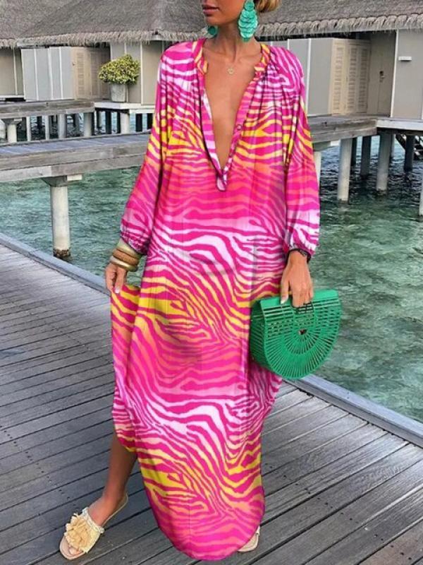 Oversized Boho Long Dresses Women Elegant Retro Harajuku Long Sleeve V Neck Maxi Dress Print Loose Casual Bohemian Beach Dress