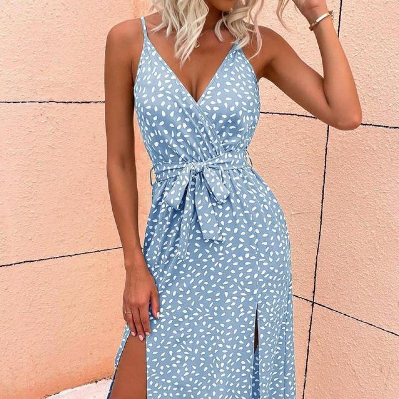 2023 Summer Spaghetti Strap Floral Print Long Dress Women Sexy Backless Bandage Slit Casual Elegant V Neck Sleeveless Sundress