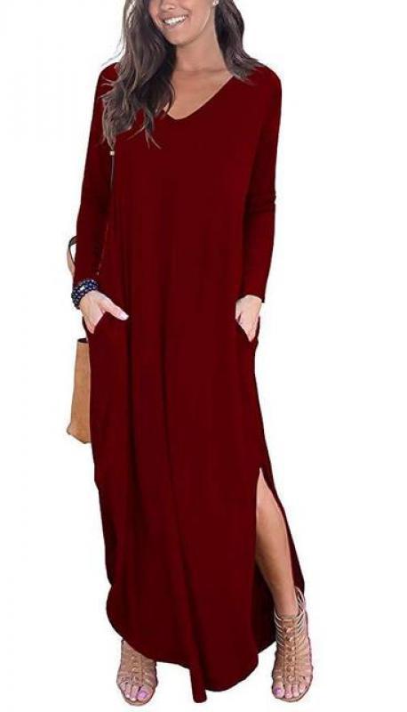 Women Casual Solid Maxi Long Sleeve V-neck Split Floor-Length Pockets Dress for Spring Autumn