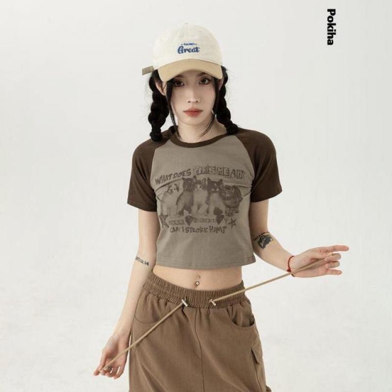Women T-Shirt Y2k Crop Tops Tees Cat Print Slim Graphic Summer Korean Fashion Harajuku Streetwear Short Sleeve Aesthetic Clothes