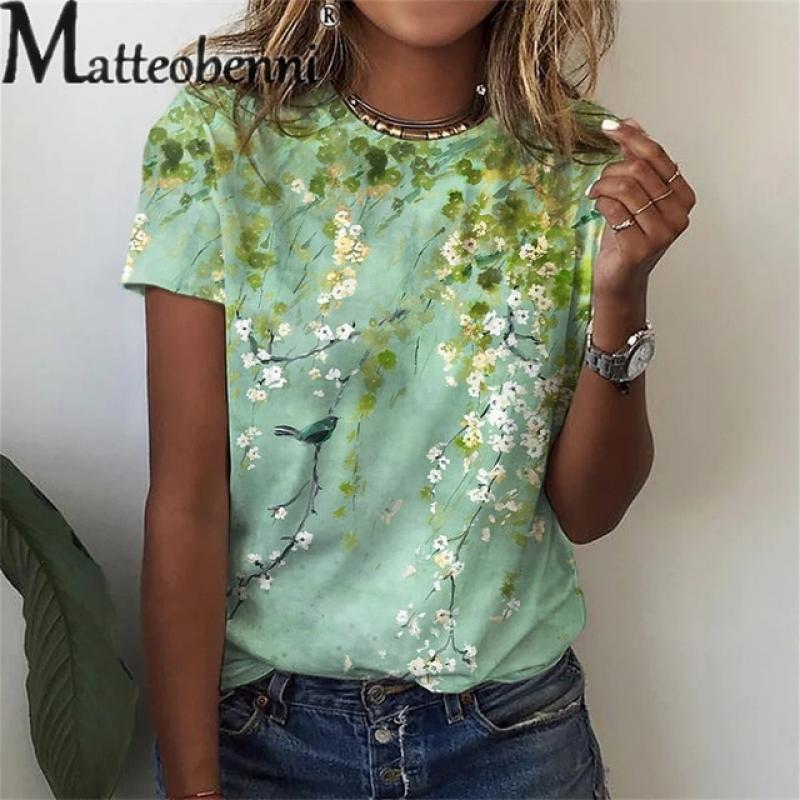 2023 Summer New Floral Print Tees Female Streetwear Casual Loose Short Sleeve Tops Women Elegant O Neck Pullover Cotton T Shirt