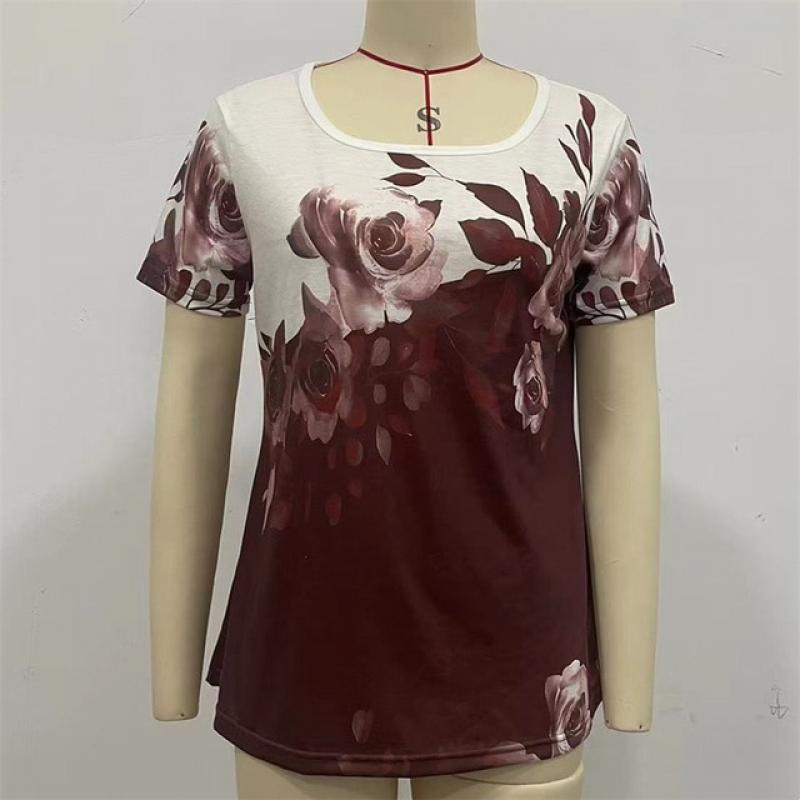 Women's Casual O Neck Pullover T-Shirt 2023 Female Summer Plant Flower Print Tees Elegant Korean Version Loose Short Sleeve Tops
