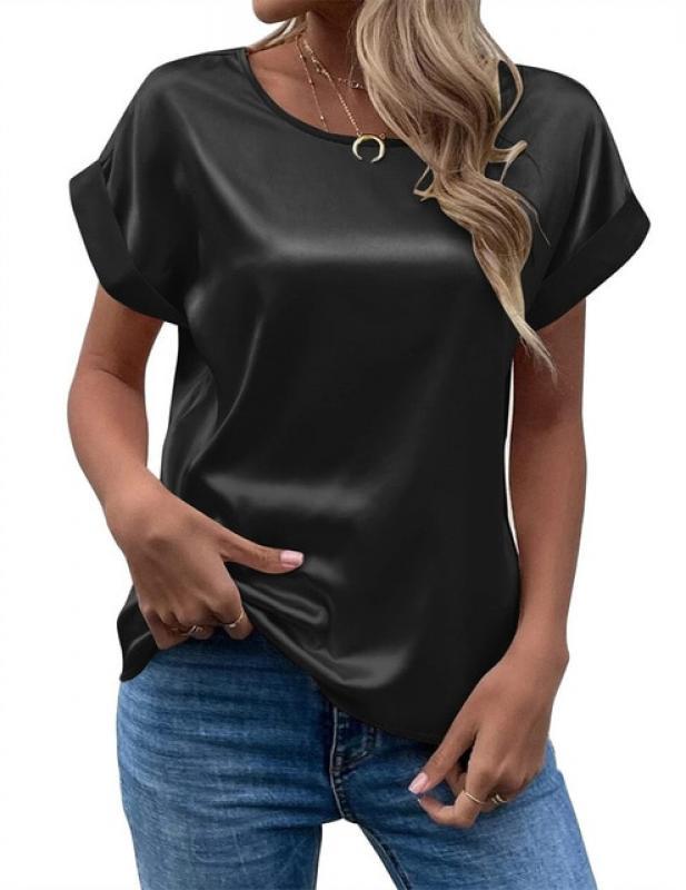 Fashion Solid Color Satin Short Sleeve Tees Women's Casual O Neck Pullover T-Shirt Female 2023 Summer Daily Commuter Loose Tops