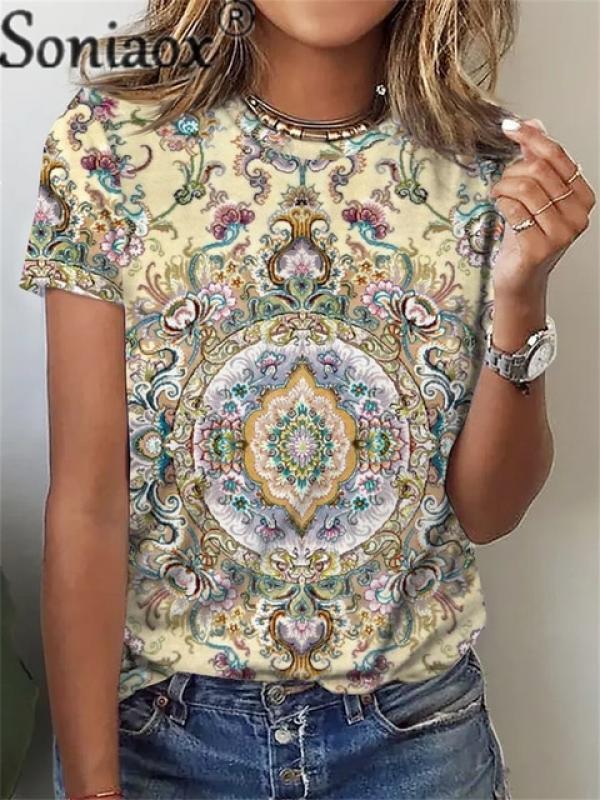 Elegant Floral Print Short Sleeve Tees Women 2023 Summer Daily Casual Comfortable O Neck Pullover T-Shirt Female Straight Tops