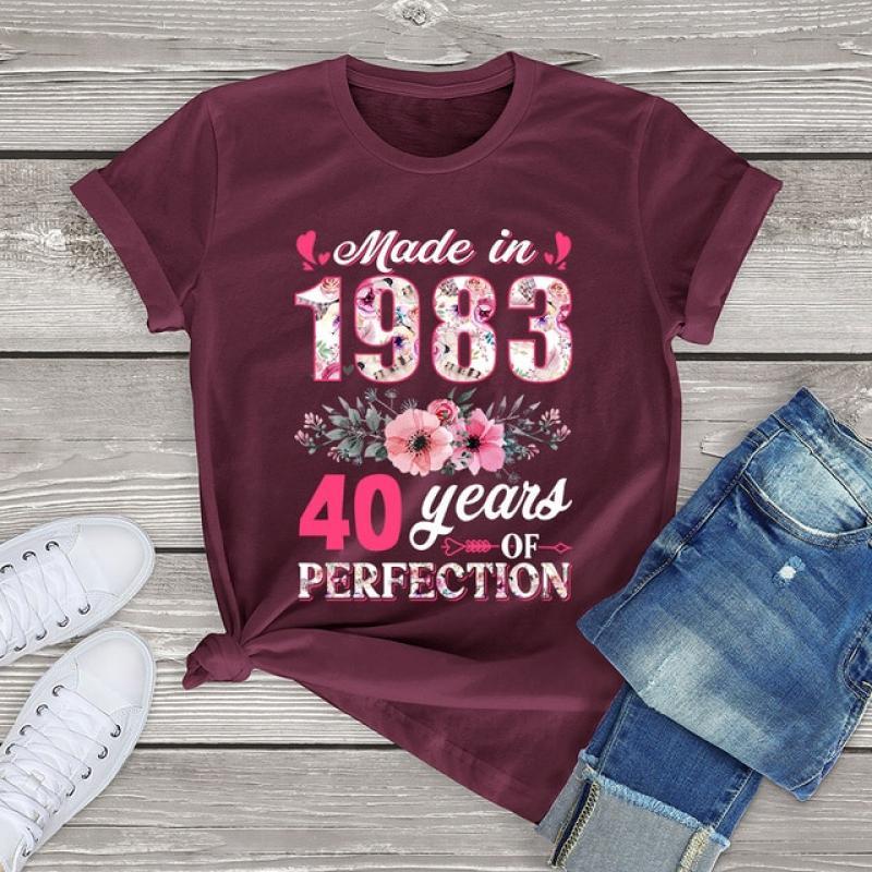 100% Cotton Made In 1983 Floral 40 Year Old 40th Birthday Gifts Women Casual Flowers T-Shirt Harajuku Tee Fashion Summer Shirt