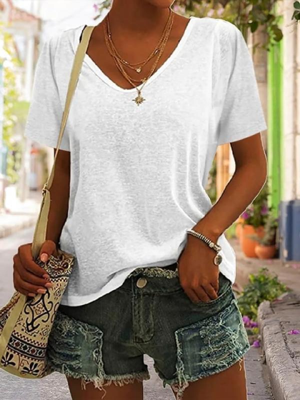 Solid Women's T-shirt Summer V-neck Tops Tees Casual Fashion Short Sleeve Ladies Dresses Everyday Tshirt Loose Clothes for Girls