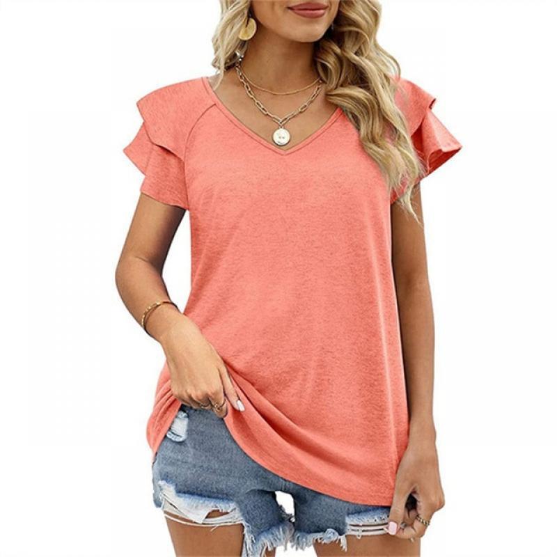 2022 Fashion New Women T-Shirt Elegant Solid Color Ladies Tee Casual V-Neck Short Sleeve Female Tops XS-8XL