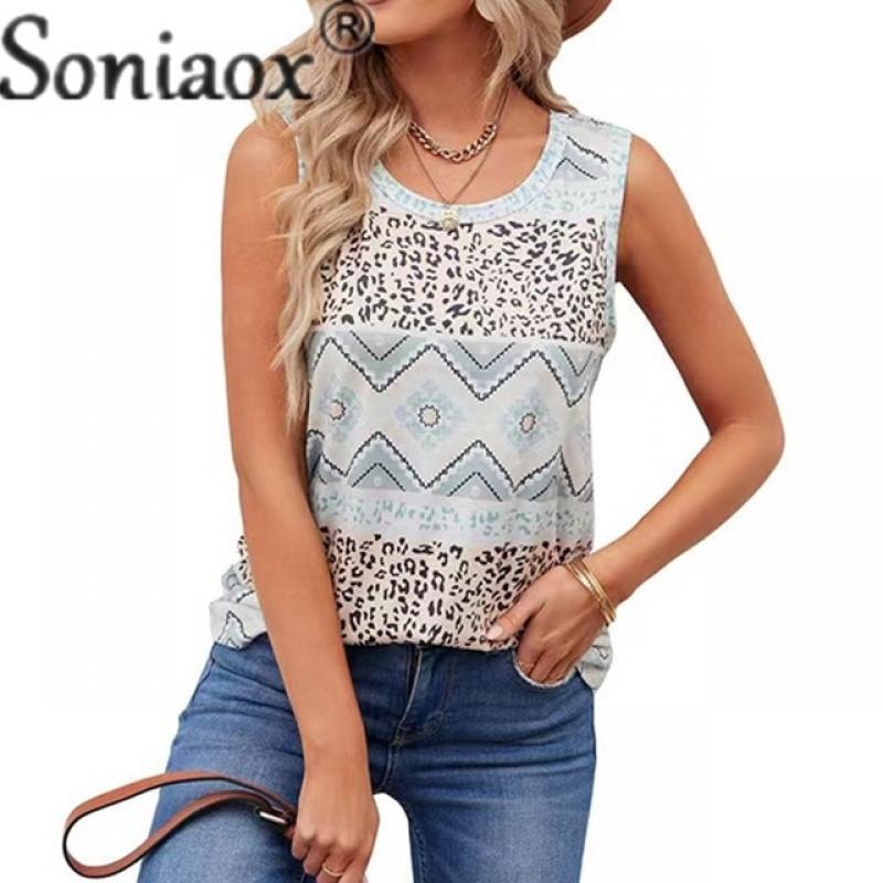 Ethnic Style Geometry Print T-Shirt Summer Women's Vintage O Neck Sleeveless Loose Casual Tees Female Comfortable Commuter Tops