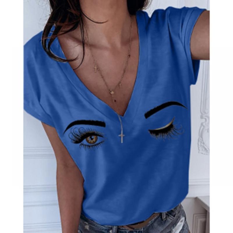 Women's Fashion New Retro Face Print Theme Short Sleeve T Shirt V Neck Basic Shirt Top Summer Oversized Y2k Clothing For Girls