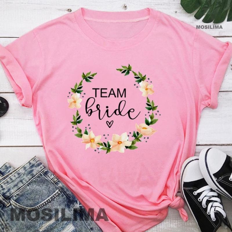 Team Bride Bachelorette Wedding Party Women Evjf Tee Shirt Casual ladies basic O-collar Pink Short Sleeved T-shirt Girl MOS001