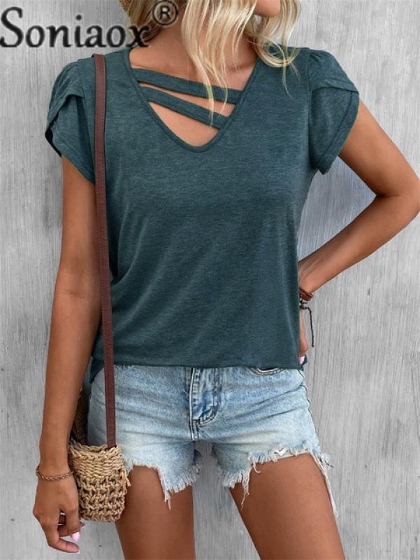 Summer Casual Petal Sleeve V Neck Splicing Strap Tops Women's Sweet Style Solid Color Loose T-Shirt Female Daily Pullover Tees