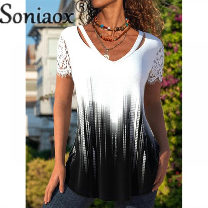 Fashion Lace Short Sleeve T-Shirt Women Gradient Print Tees Summer Sweet Style Casual Hollow Out Splicing V Neck Female Tops 5XL