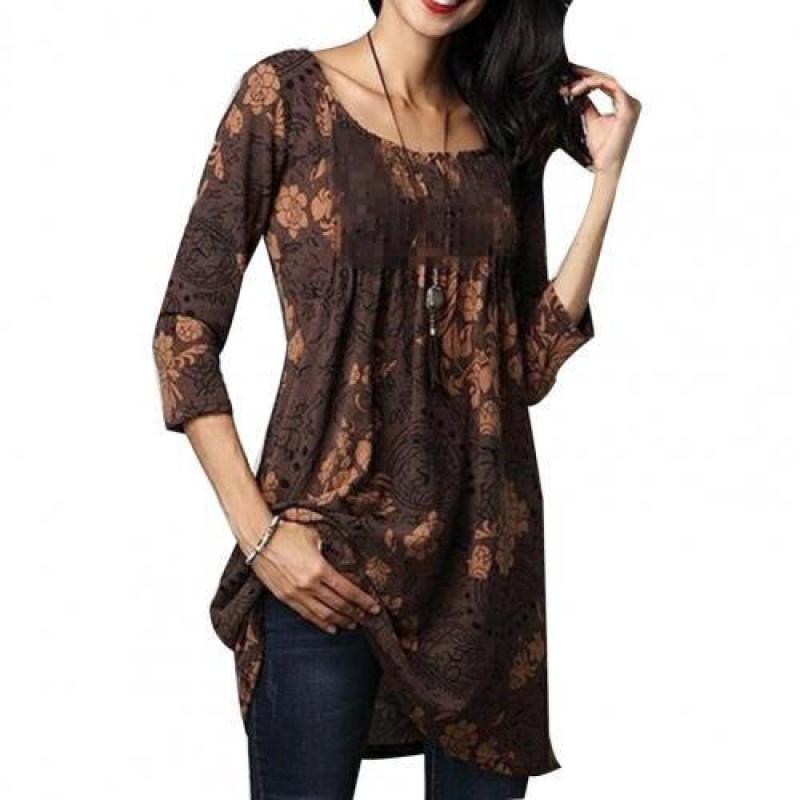 2021 Fashion Women Blouse Digital Black Print Polyester Long Shirt Large Hem 3/4 Sleeve Woman Blouse And Top Ladies Clothing