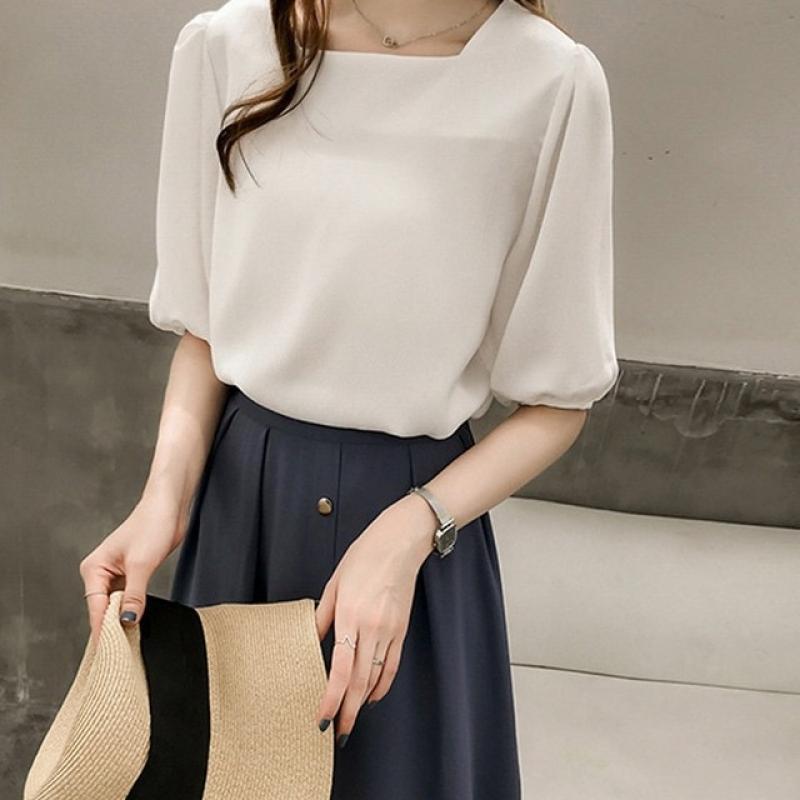 Summer Red Chiffon Blouse Women Casual Solid Color Basic Shirt Fashion Square Collar Lantern Sleeve Tops