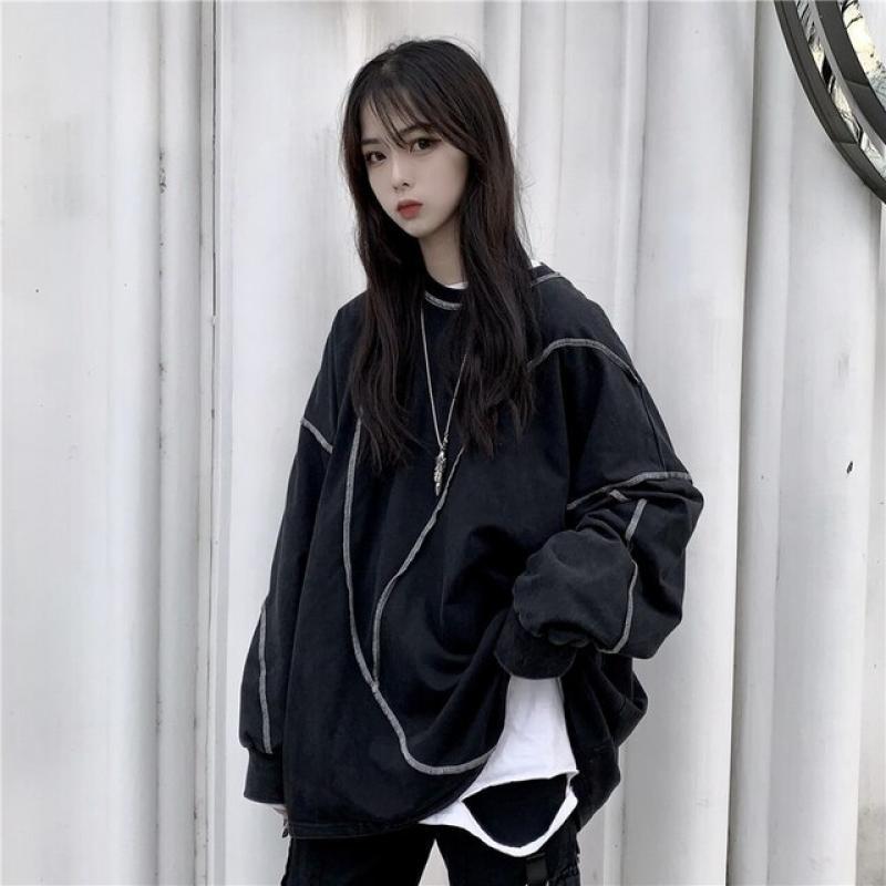 Gothic Long Sleeve Sweatshirt Loose Large Size Women's Dark Spring Spring/Autumn Base Clothes Black