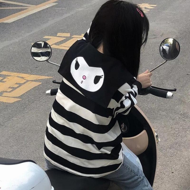 Sanrio Hello Kitty Kuromi Long Sleeve Tops Women Kawaii Anime Navy Collar Tshirt Y2k Cute My Melody Stripe Loose Traf Clothes