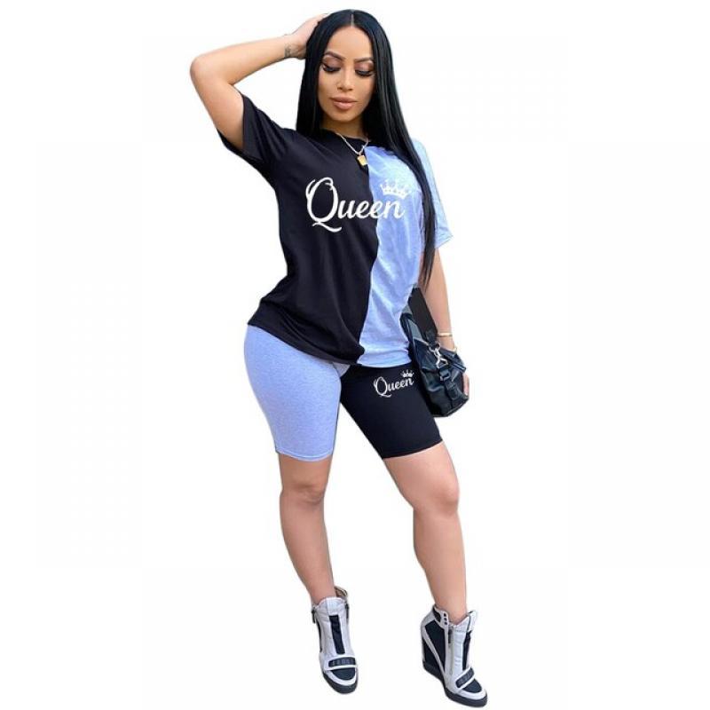 Women 2023 Spring Summer Clothing Fashion Sweatsuits QUEEN Shorts Two Piece Sets Outfits Splicing Short Sleeve Tracksuits