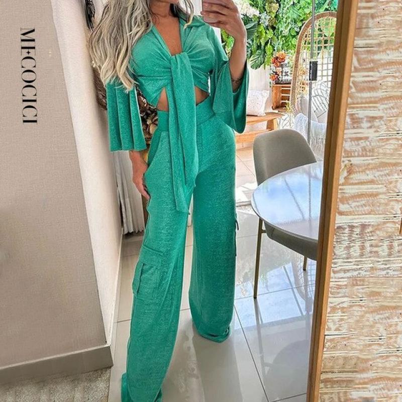 MECOCICI Women Two Piece Set Casual Long Sleeve Crew Solid High Waist Lace Up Pleated Top Loose Wide Legs Pants Sets Streetwear