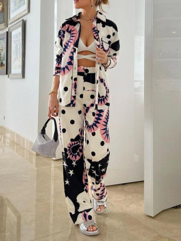 2023 New Women's Fashion Large Print Long Sleeve Single breasted Shirt High Waist Wide Leg Pants Set