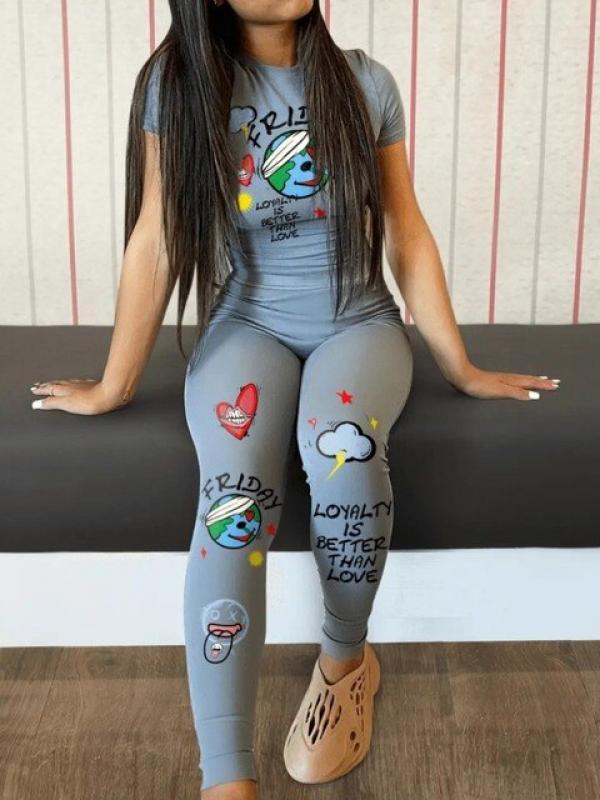 LW Cartoon Fashion Letter Print Pants Set summer Women Casual Short Sleeve T-shirt Top and Leggings Slim Pants 2 Piece Suit