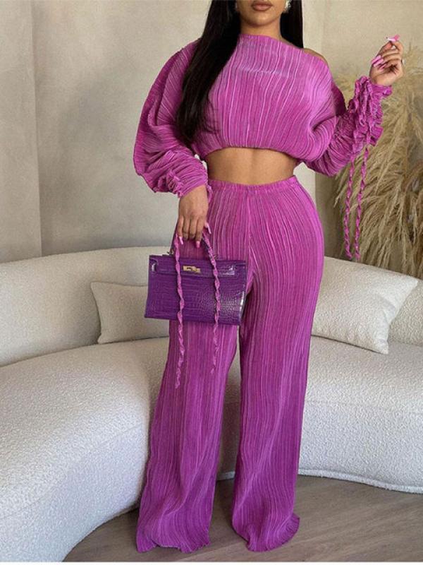 Loose Pleated Crop Long Sleeve T Shirt Top And Pant 2 Piece Set 2023 Woman Casual Lace Up Blouse Wide Leg Trousers Outfits Set