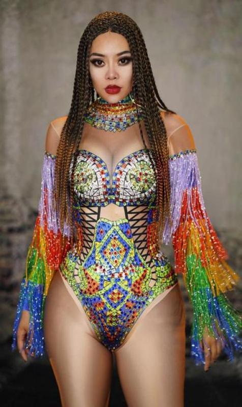 Fashion Women Multicolor Tassel Rhinestone Bodysuit Sexy Nightclub Party Celebration Singer Stage Costume Stretch Dancer Leotard